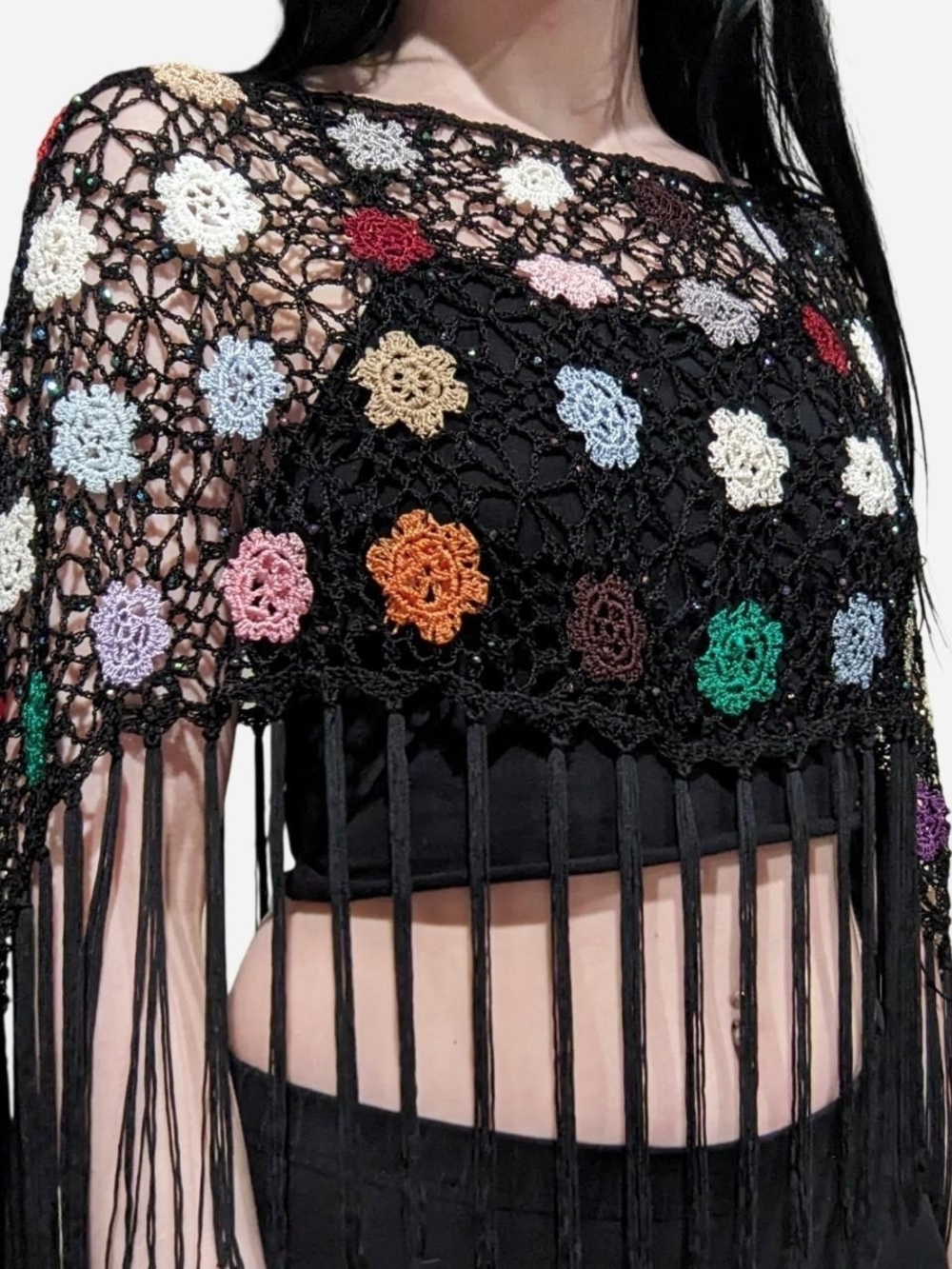Crochet Floral Fringe Poncho - Black with Multicolor Flowers